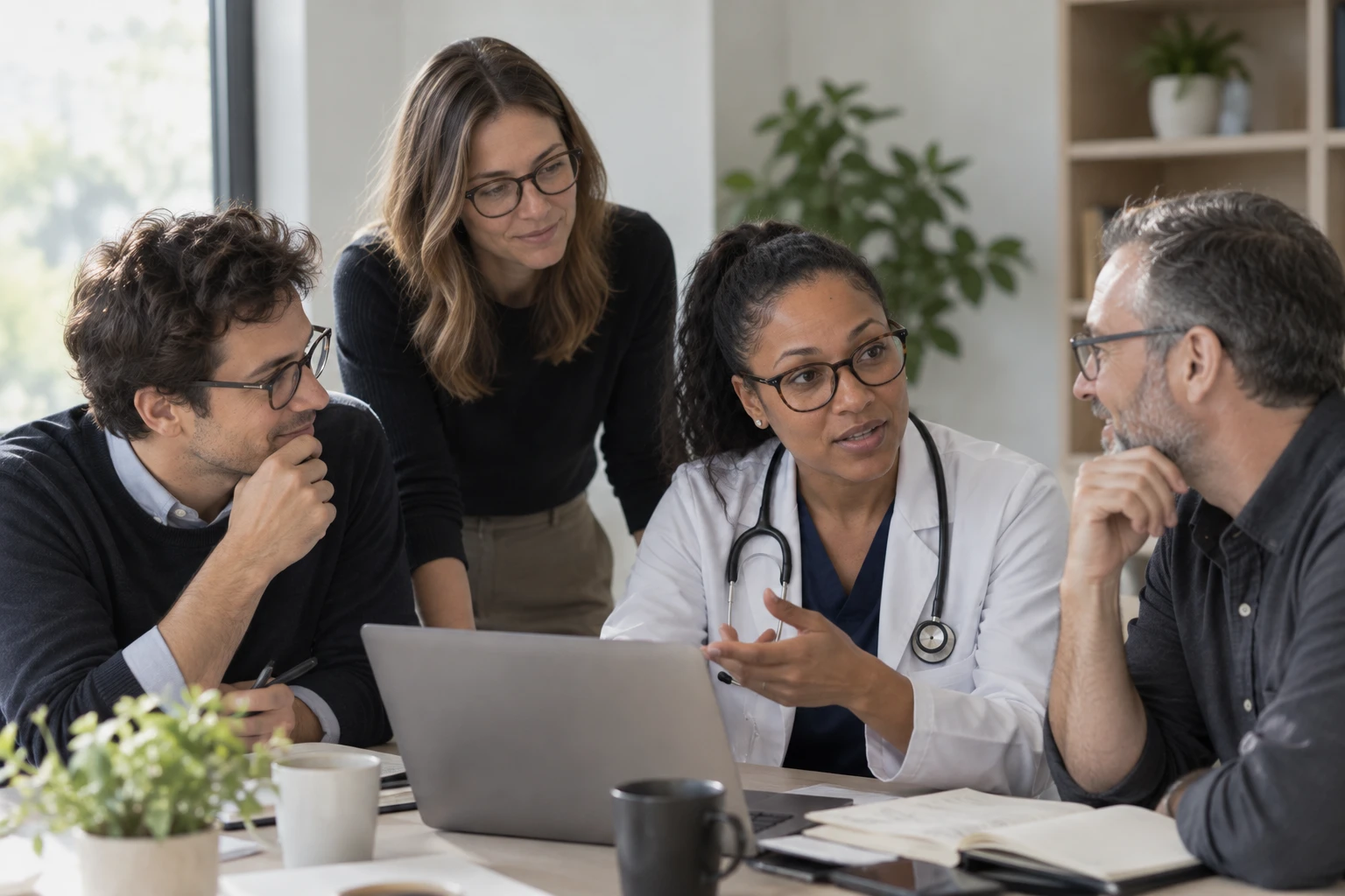 A physician talking with founders around a laptop