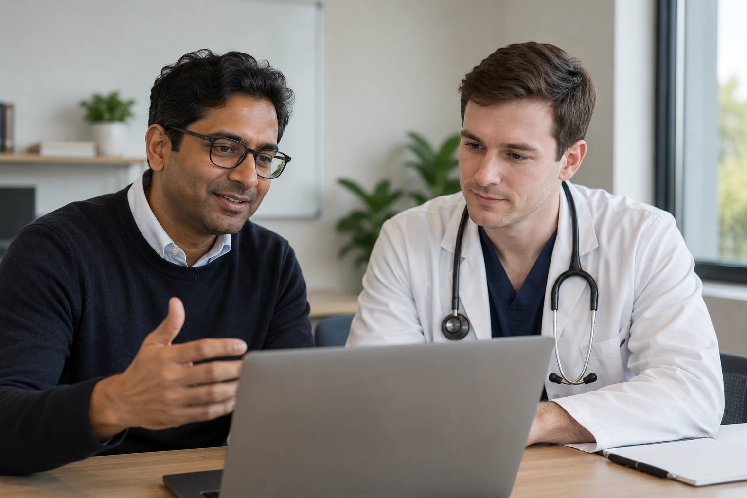 A founder talking with a physician over a laptop